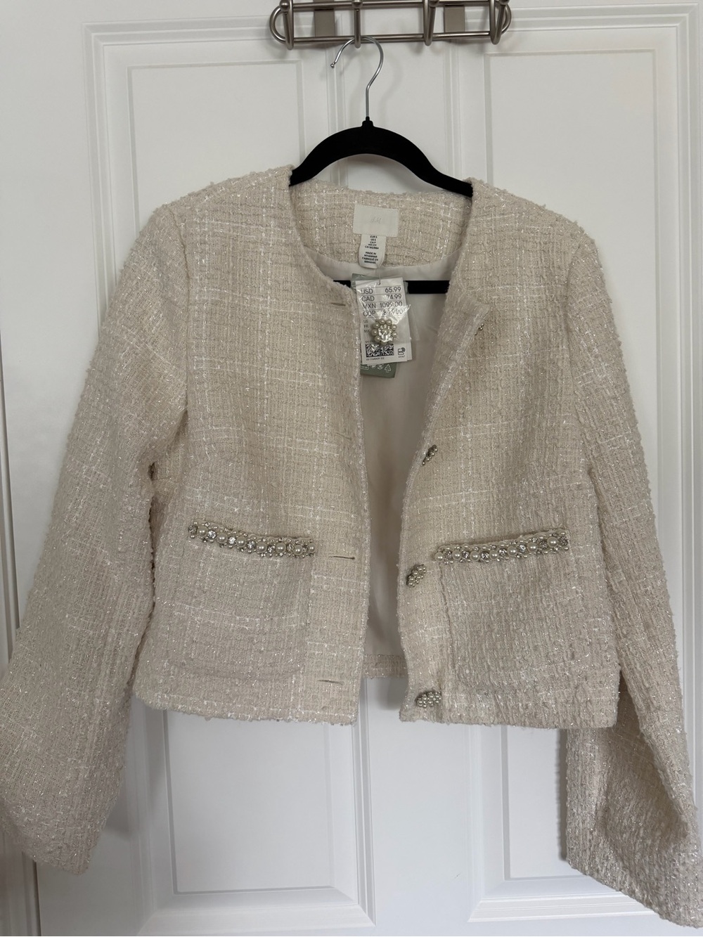 H&M Cream Tweed Cropped Jewel-Trim Jacket